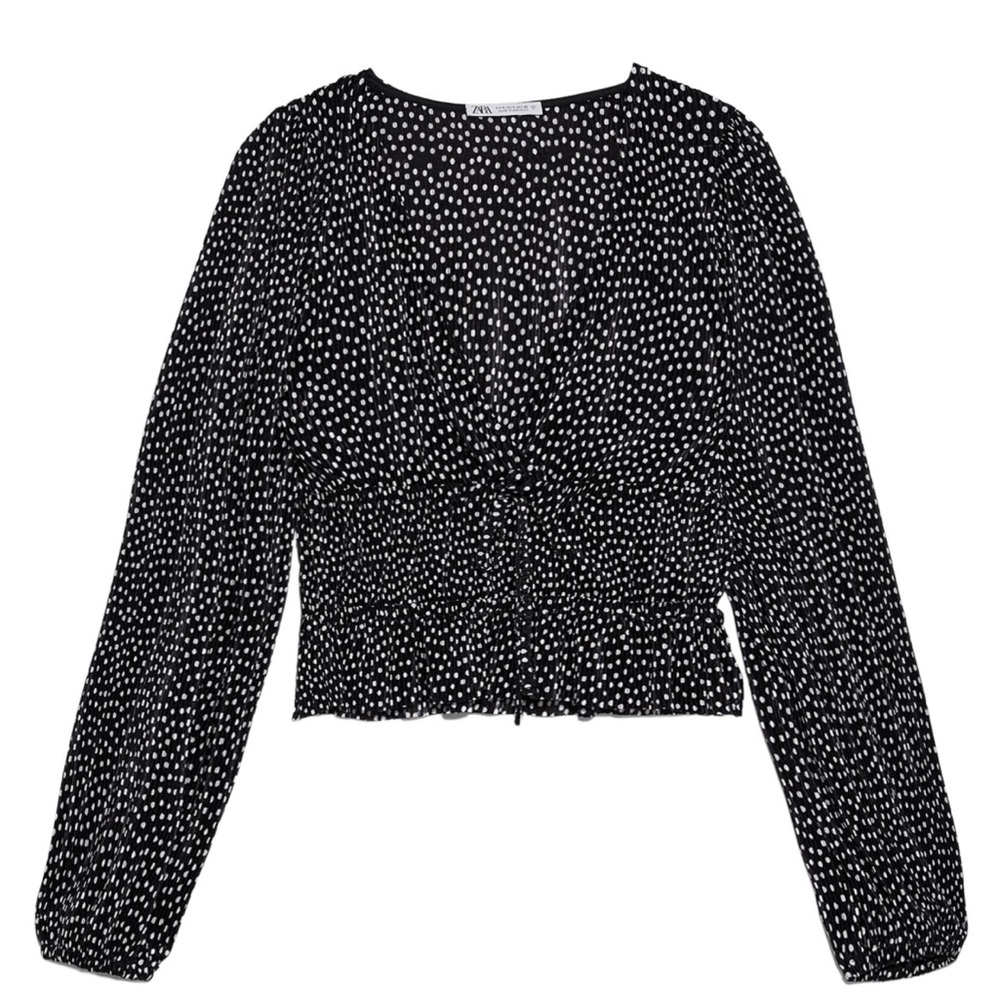 Zara Pleated Polka Dot Long Sleeve Top
